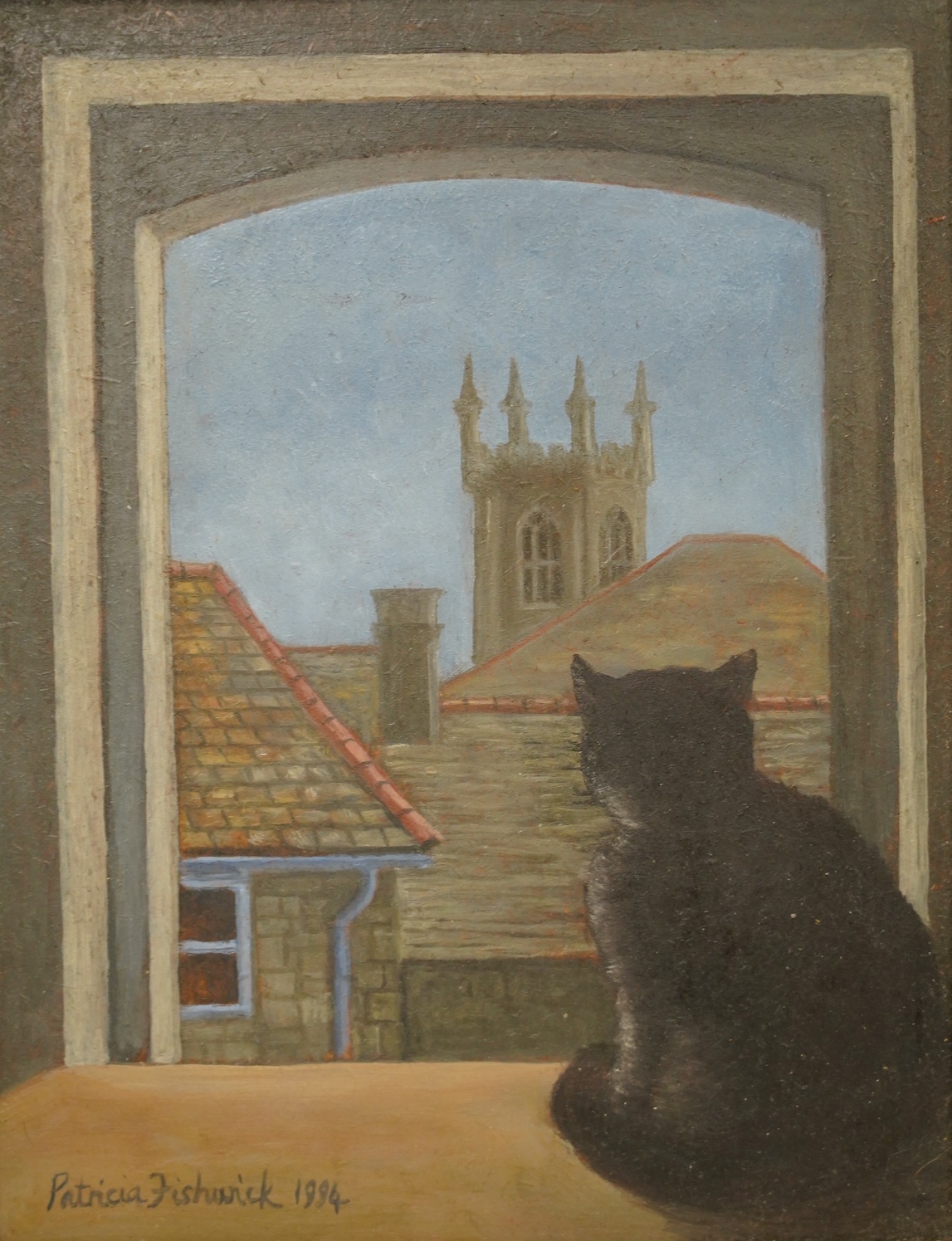 Patricia Fishwick (b.1929), oil on board, Study of a cat before a window, signed and dated 1994, 21.5 x 16.5cm. Condition - fair to good